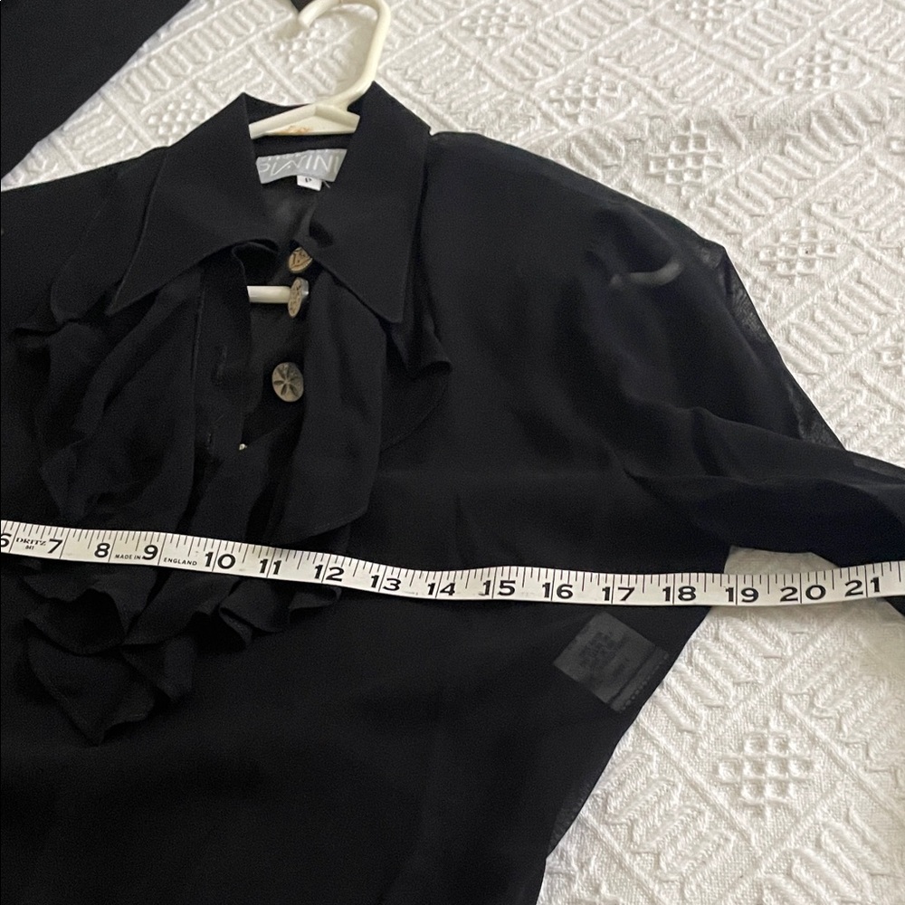 3 pc set sheer Black Ruffle Blouse skirt high waist pants ruffle Button Detail - Picture 6 of 16
